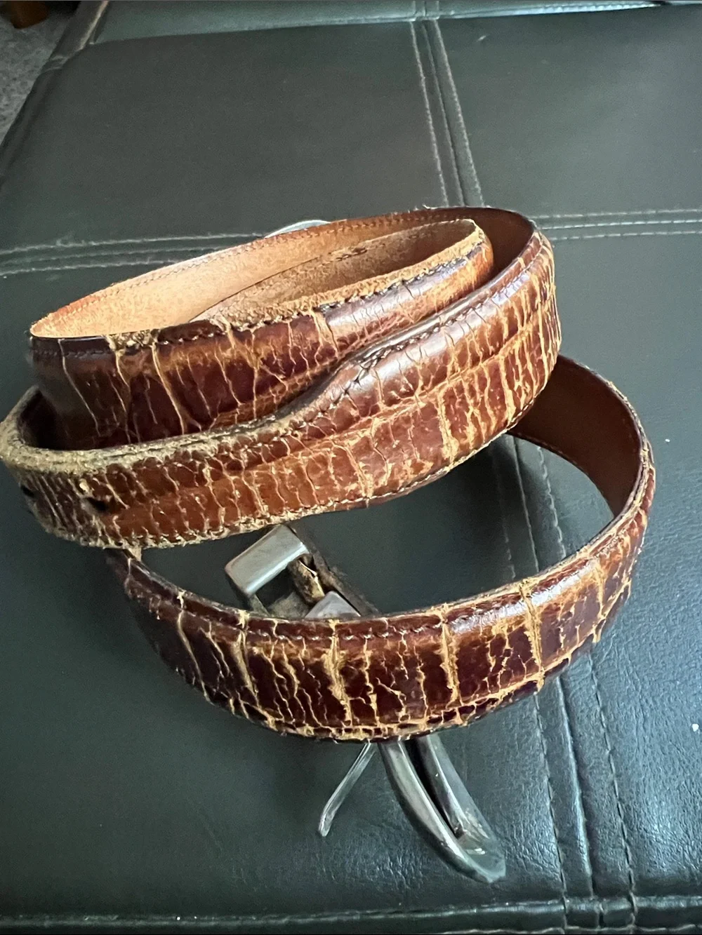 Martin Dingman Vintage Brown Alligator Leather Belt with Silver Accents Size 42